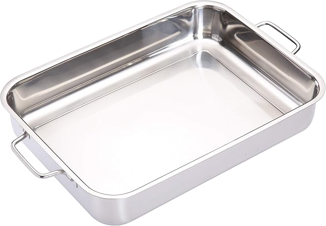 MasterClass KCMCROAST37 Deep Stainless Steel Roasting Tin with Folding Handles and Hob Compatible Design, 37 x 27 x 6.5 cm, Silver