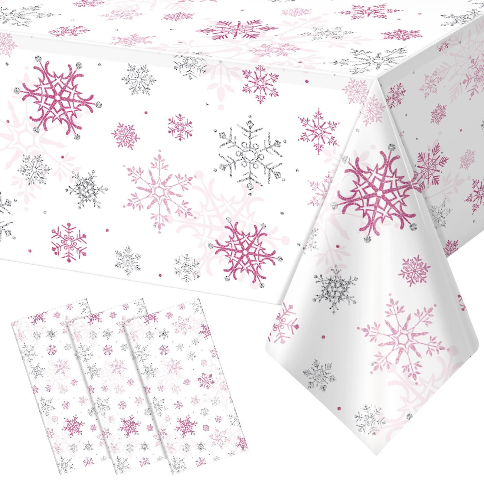 3 Pcs Christmas Snowflake Party Tablecloths Decorations,Plastic Pink Winter Onederland Rectangle Table Cover for Christmas New Year Girls 1st Birthday Baby Shower Holiday Party Decorations,54x108 inch