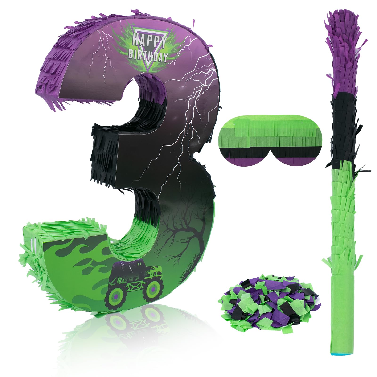 Piñata de coche Monster Truck número 3, piñata verde y morada para decoraciones de fiesta de cumpleaños, número 3 4 con palo para vendar los ojos, pequeño camión monstruo, suministros para fiesta de