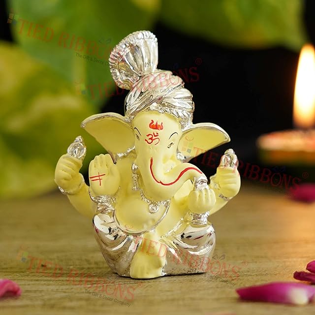 TIED RIBBONS Ganesha Idol for for Home Decor Indian God Lord Ganesh Statue - Silver Plated Ganpati Idol Figurine for Car Dashboard Pooja Mandir Temple Gift Deepavali Festival Decorations