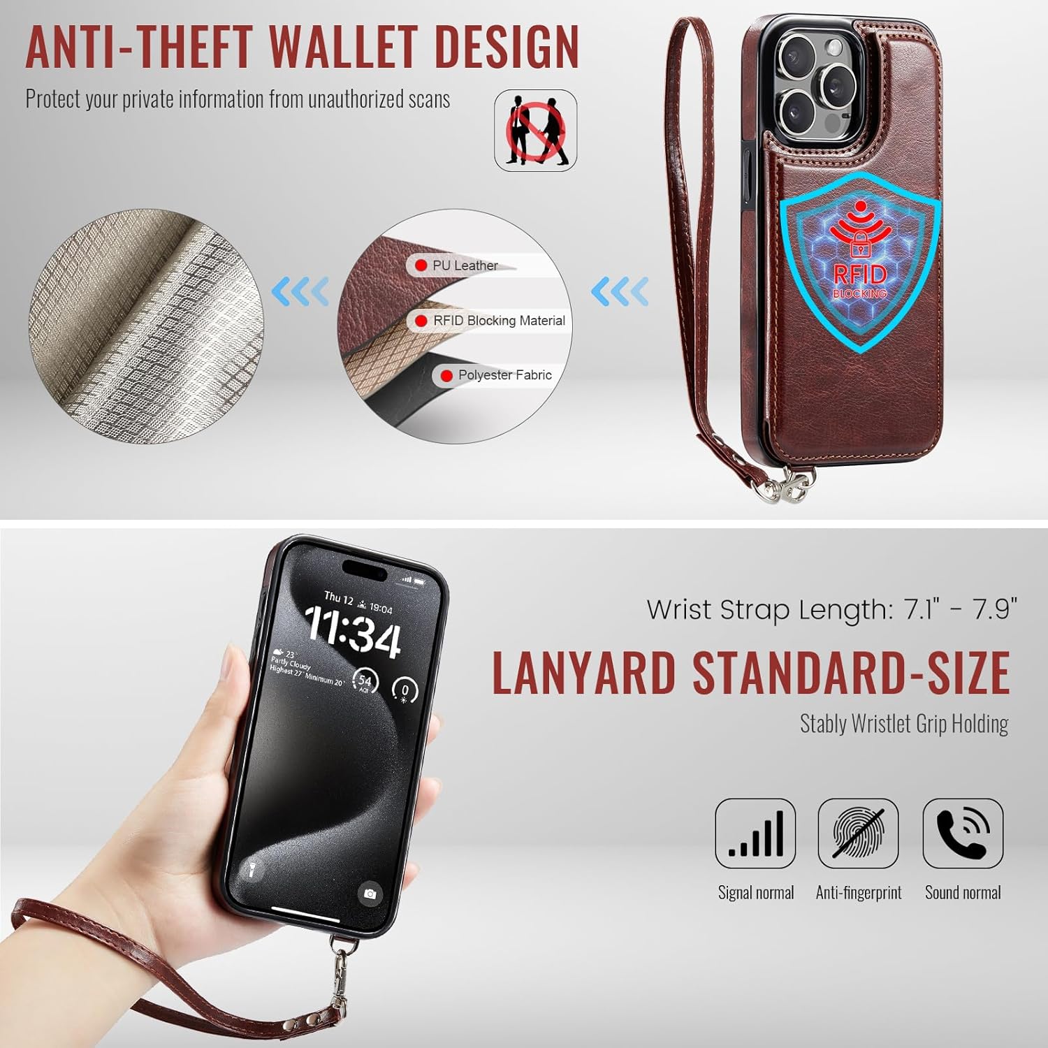 Wefor Compatible with iPhone 15 Pro Max Wallet Case with Card Holder & RFID Blocking, Kickstand Card Slots Case, Double Magnetic Clasp and Durable Shockproof Wrist Strap Cover (Brown)