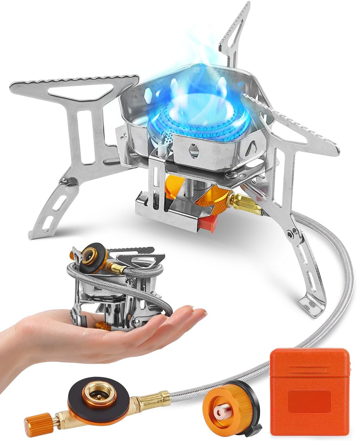 Portable Camping Gas Stove, Windproof 3500W Burner with Piezo Ignition, Adapters and Converters for BBQs, Cooking, Fishing, Hiking, and Picnics.