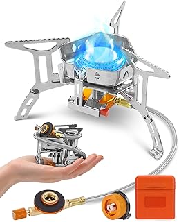 Portable Camping Gas Stove, Windproof 3500W Burner with Piezo Ignition, Adapters and Converters for BBQs, Cooking, Fishing, Hiking, and Picnics.
