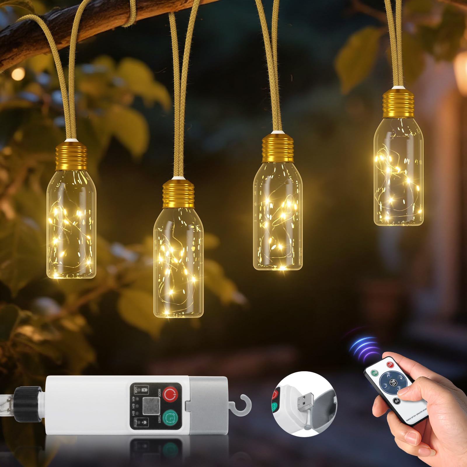 Ymenow Rechargeable Battery String Fairy Lights, 6M LED Hemp Rope Lights Garden with Remote & Timer, IP65 Waterproof Festoon Light for Pergola Balcony Bedroom Gazebo Patio Wedding Decor