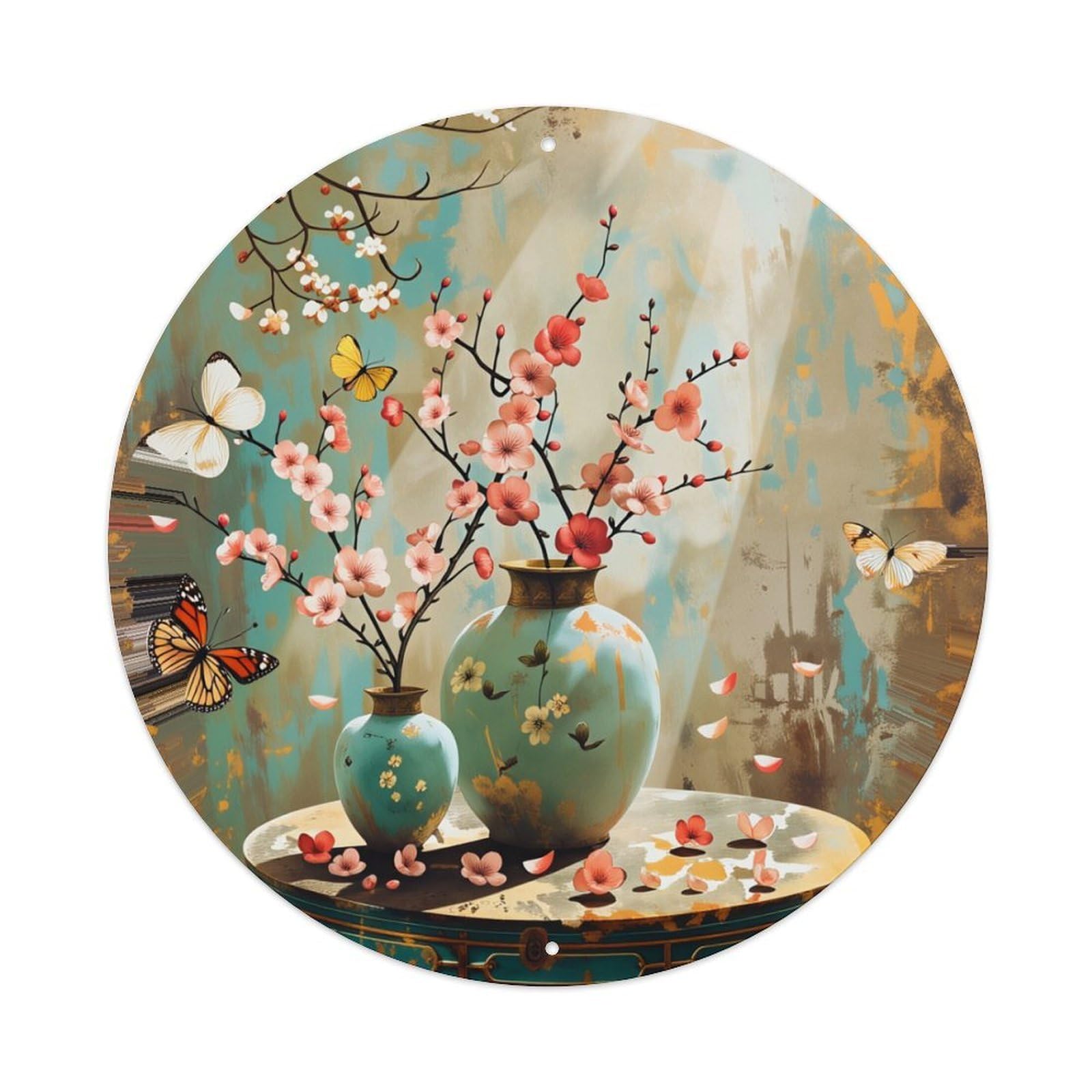 Floral Vase Butterflies Cherry Blossoms Round Tin Sign Retro Metal Sign for Cafe Bar Pub Home Game Room Gym Club Wall Decoration Vintage Metal Poster 8x8 Inch