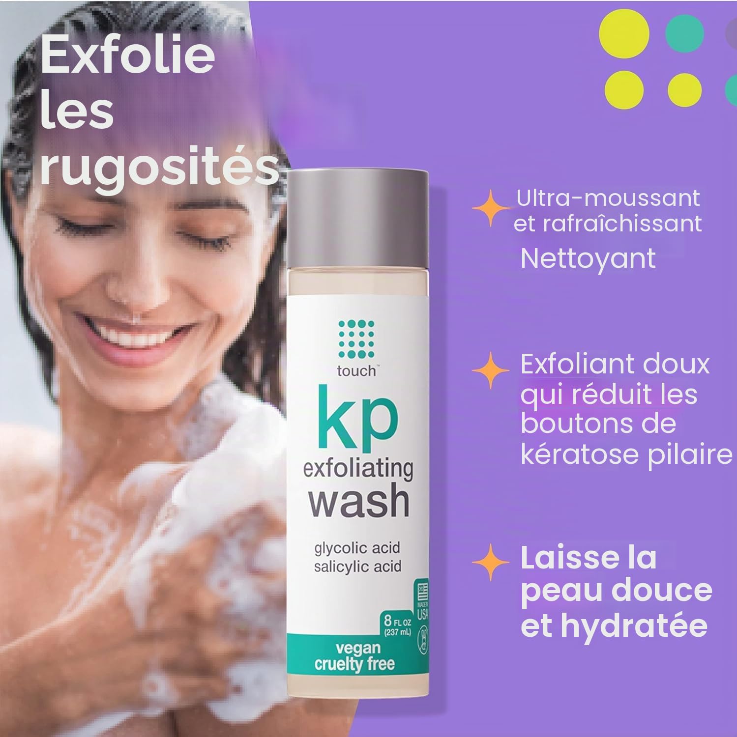 TOUCH Nettoyant Corporel Exfoliant pour Kératose Pilaris – Gel Douche KP avec 15% d’Acide Glycolique, Aloe Vera et Acide Hyaluronique – 226 Grammes