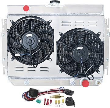 Chevy Impala Radiator, Chevy Bel Air Radiator, Chevy Biscayne Radiator, Aluminum Radiator for 1959-1968 Chevy Impala/Bel Air/Chevelle/Caprice/Biscayne, 3 Row Radiator + Shroud/Fan + Relay Kit