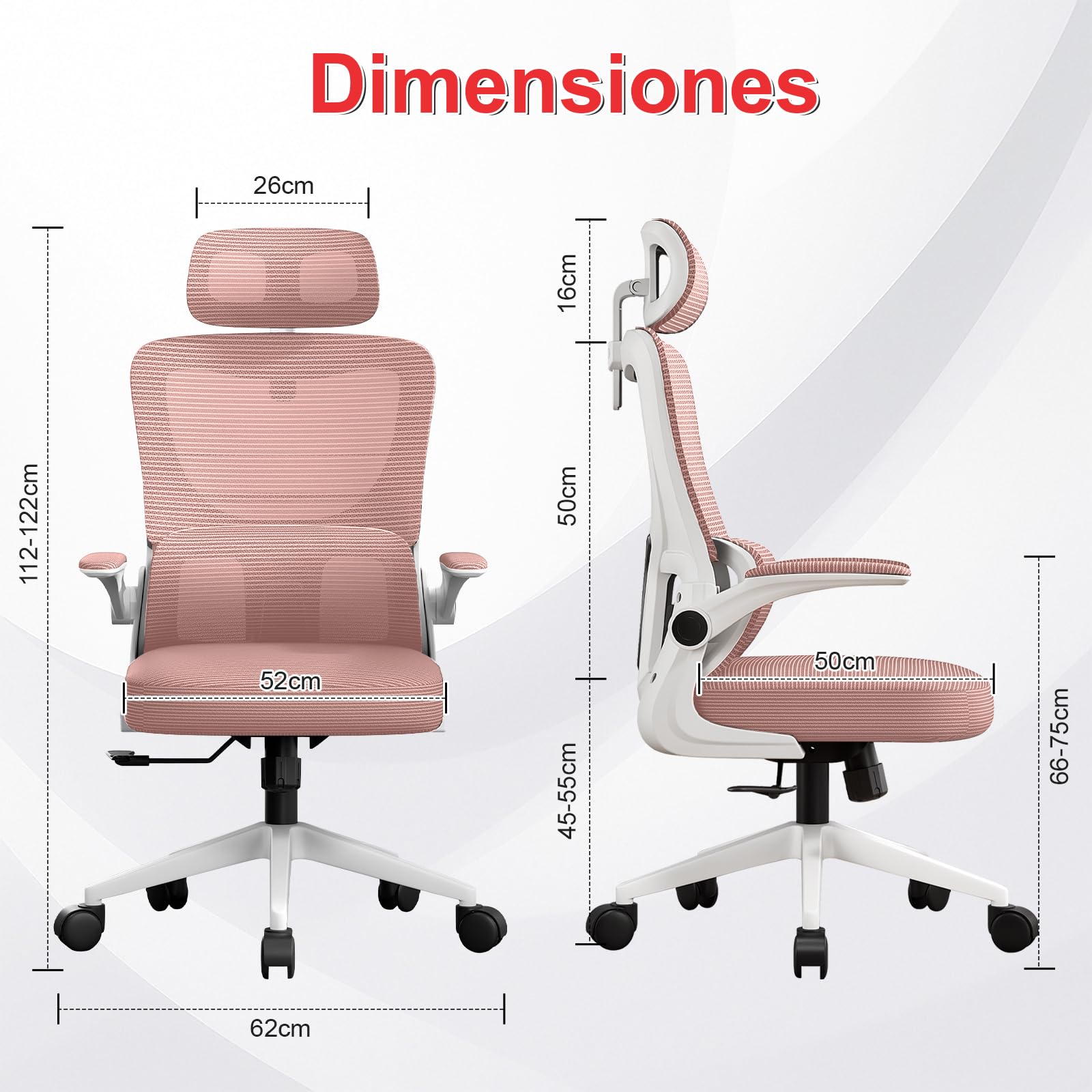 Silla Ergonómica de Oficina con Soporte Lumbar Adaptativo, Reposacabezas Ajustable y Reposabrazos Abatibles, Silla de Malla Reclinable para Oficina en Casa, Estudio y Gaming, Rosa