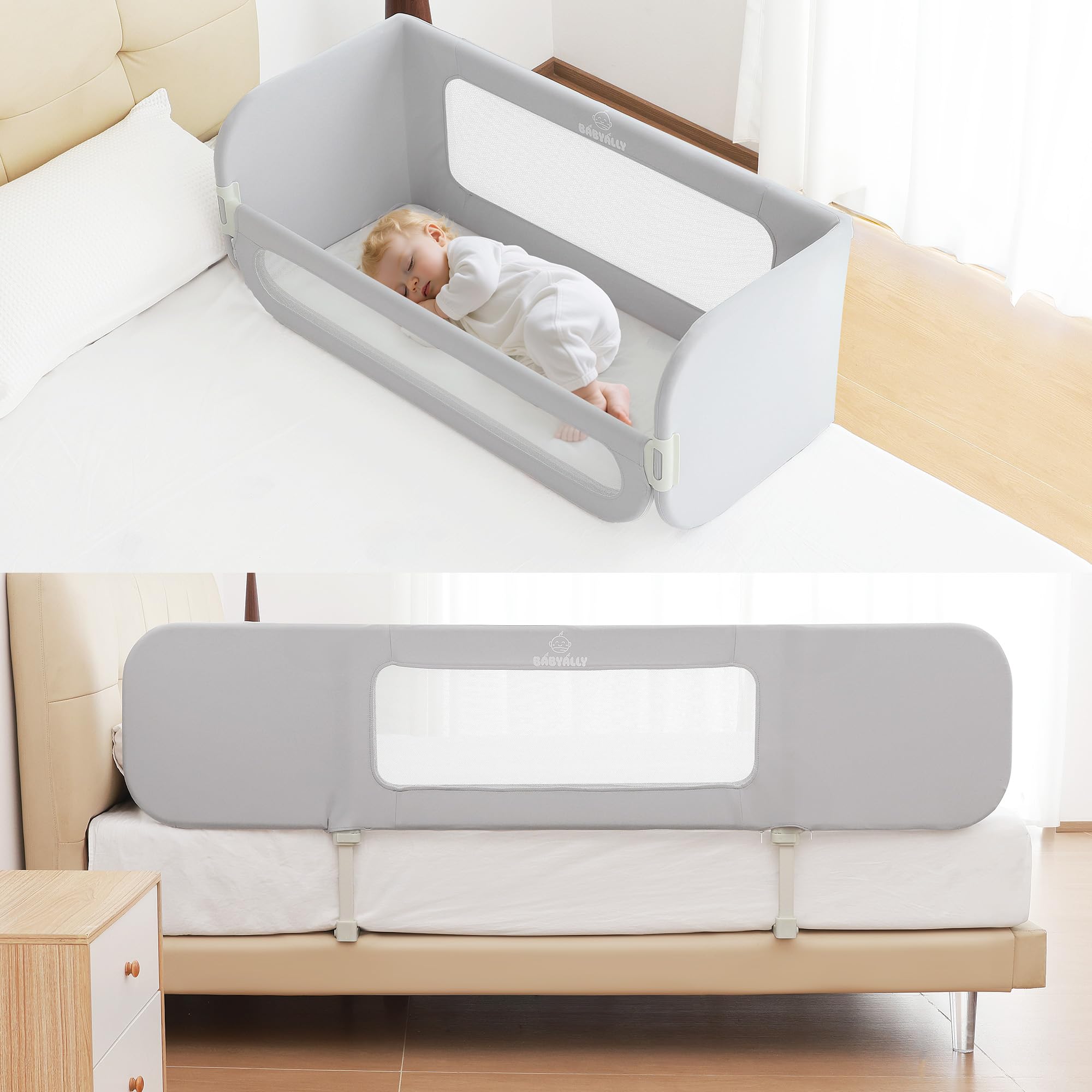 2 en 1 Barrera de Cama Abatible 185cm, Cuna Colecho con Bolsa de Transporte Viaje para Viajar o Vacaciones - Sin instalación, Fácil de Transportar - Gris