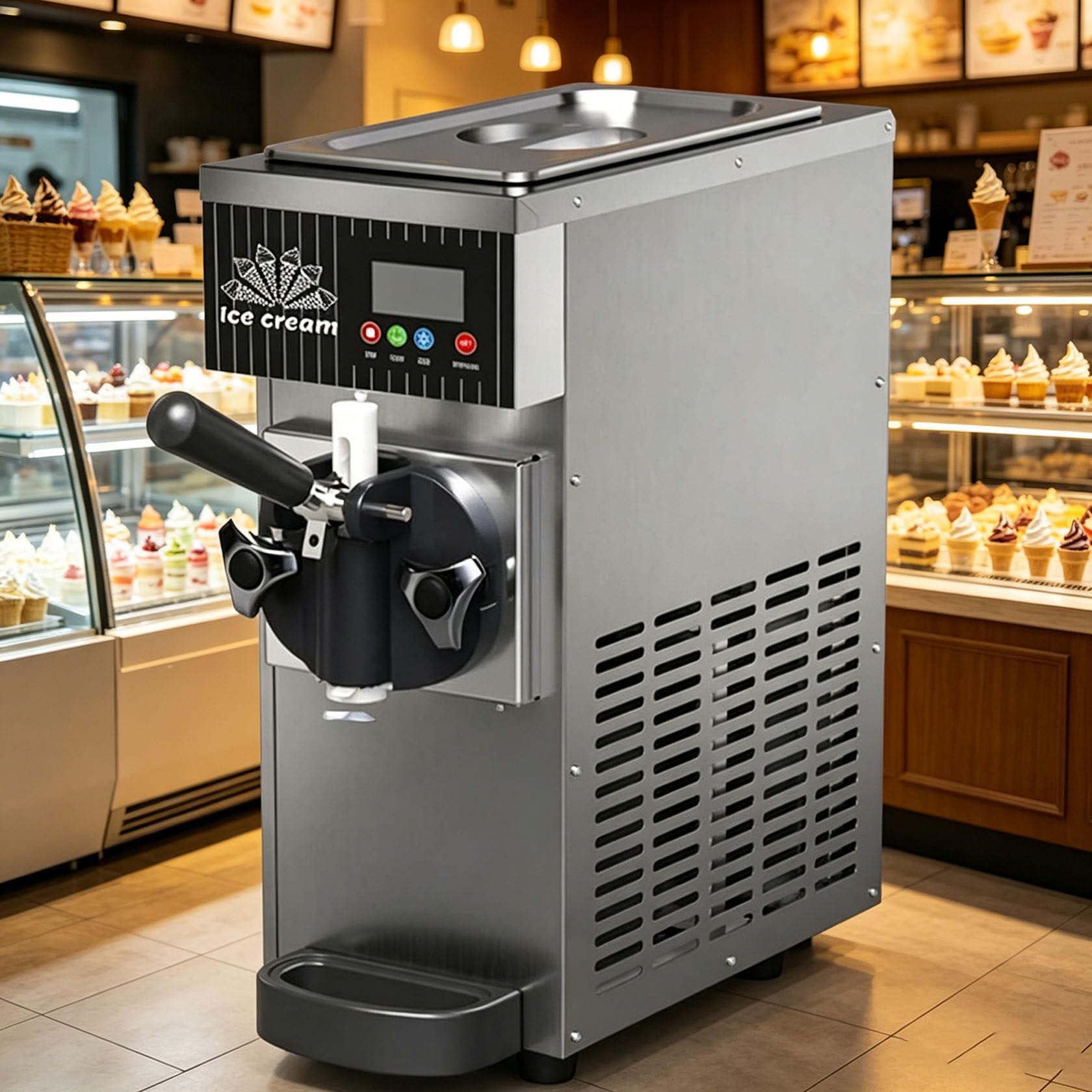 HUMNZR Soft Serve Single Flavor Ice Cream Machine,Countertop Yogurt Maker 4-8kg/H Output, 3.5l Refrigerated Hopper, 1l Freezing Tank, Auto Clean, Lcd Panel For CaféS And Milk Tea Shops Grey-450W