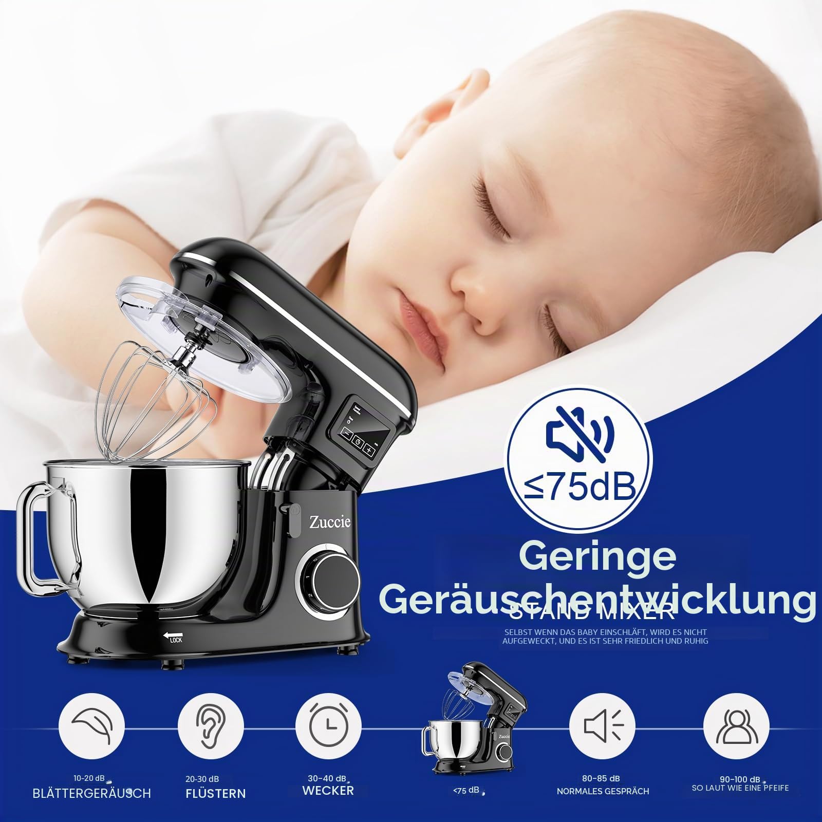 küchenmaschine 1500W 8L Knetmaschine 6 Geschwindigkeit Fermentationsfunktion+LCD knetmaschine mit Rührbesen, Knethaken, Schlagbesen