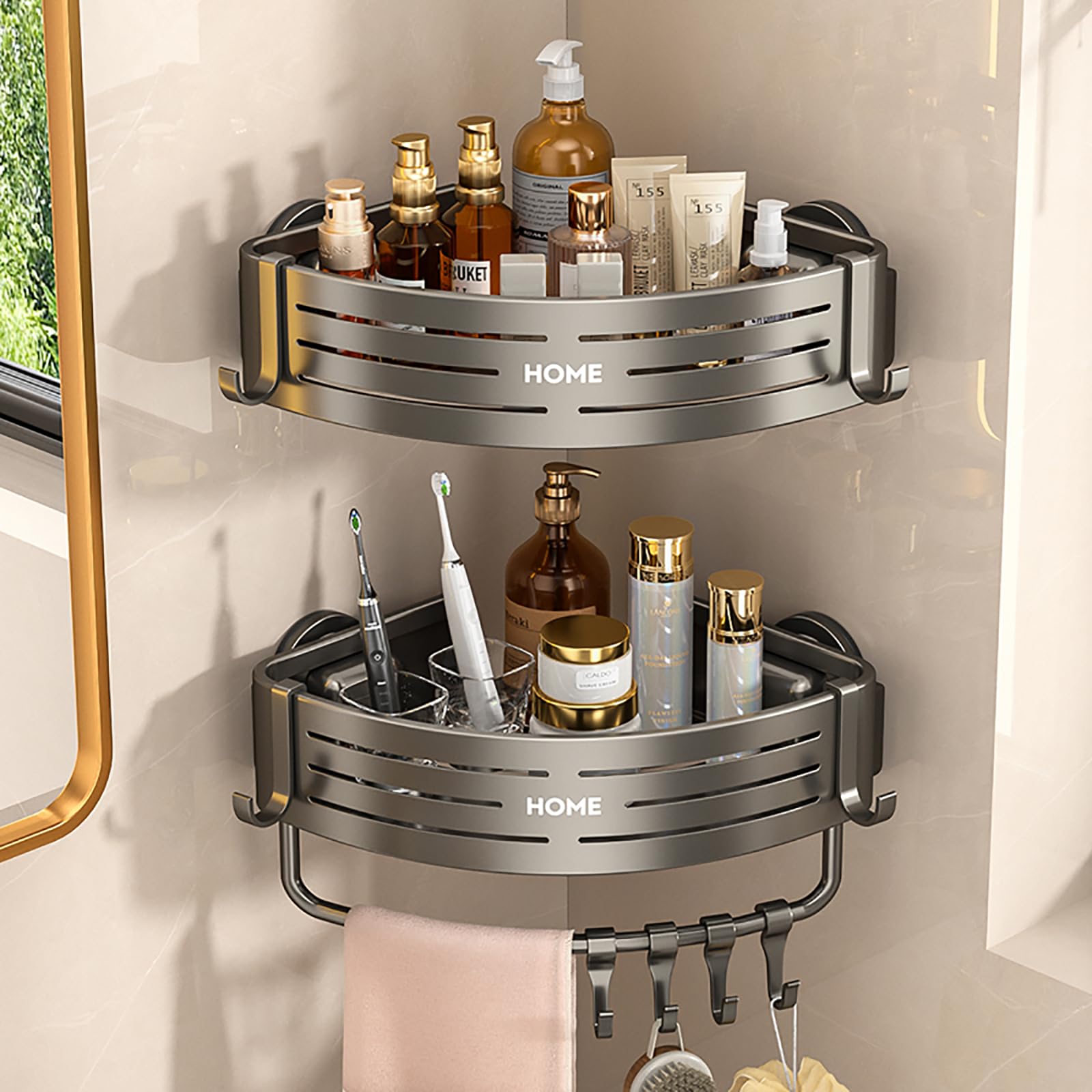 2 Shelf Corner Shower Caddy - Suction Cup With Towel Bar And 8 Hooks Heightened thickened Rust-Proof Aluminum