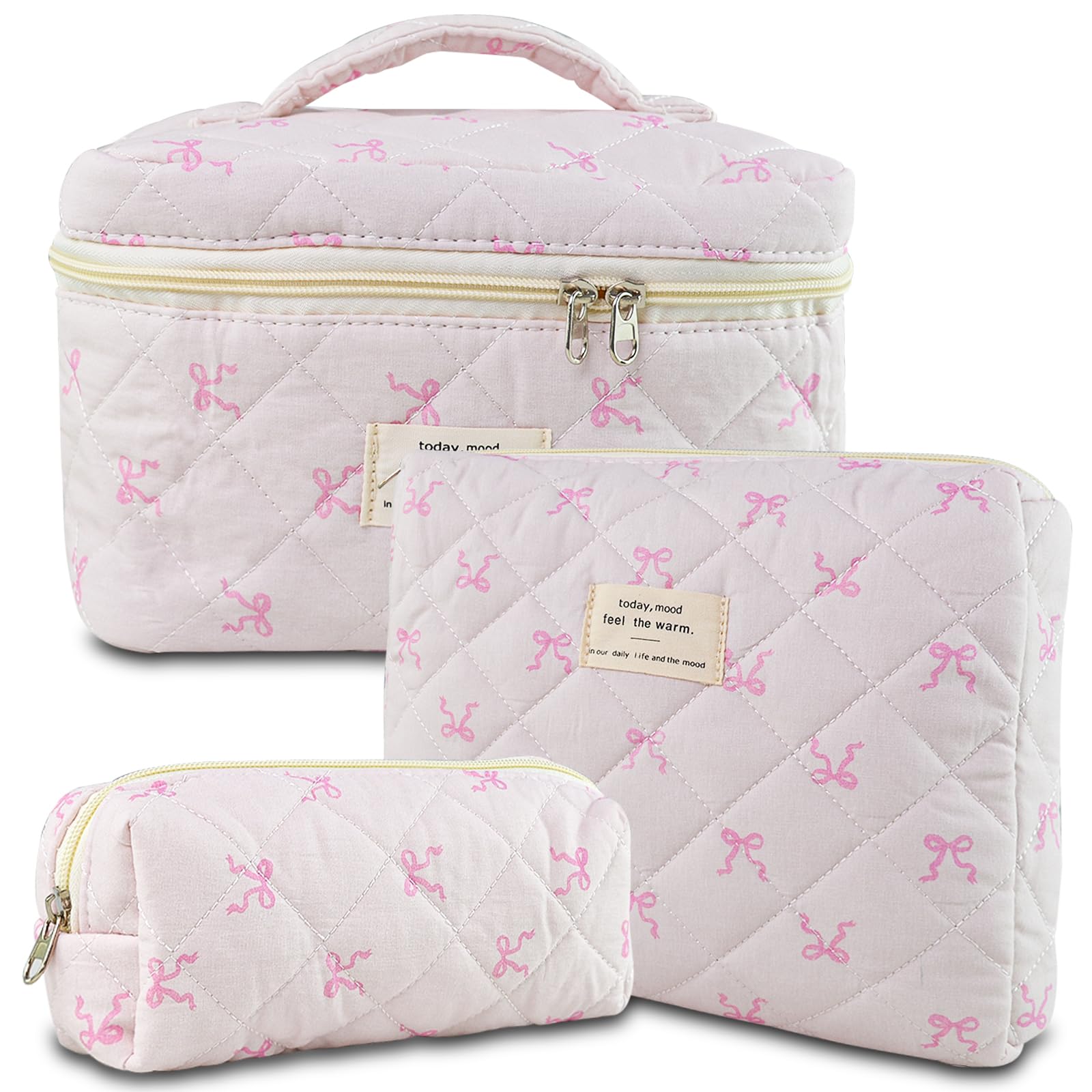 GISMTR 3Pcs Makeup Bag Cotton Quilted Travel Cosmetic Bag Cute Floral Makeup Pouch Large Toiletry Bag for Women Girls (Bow-Pink2)
