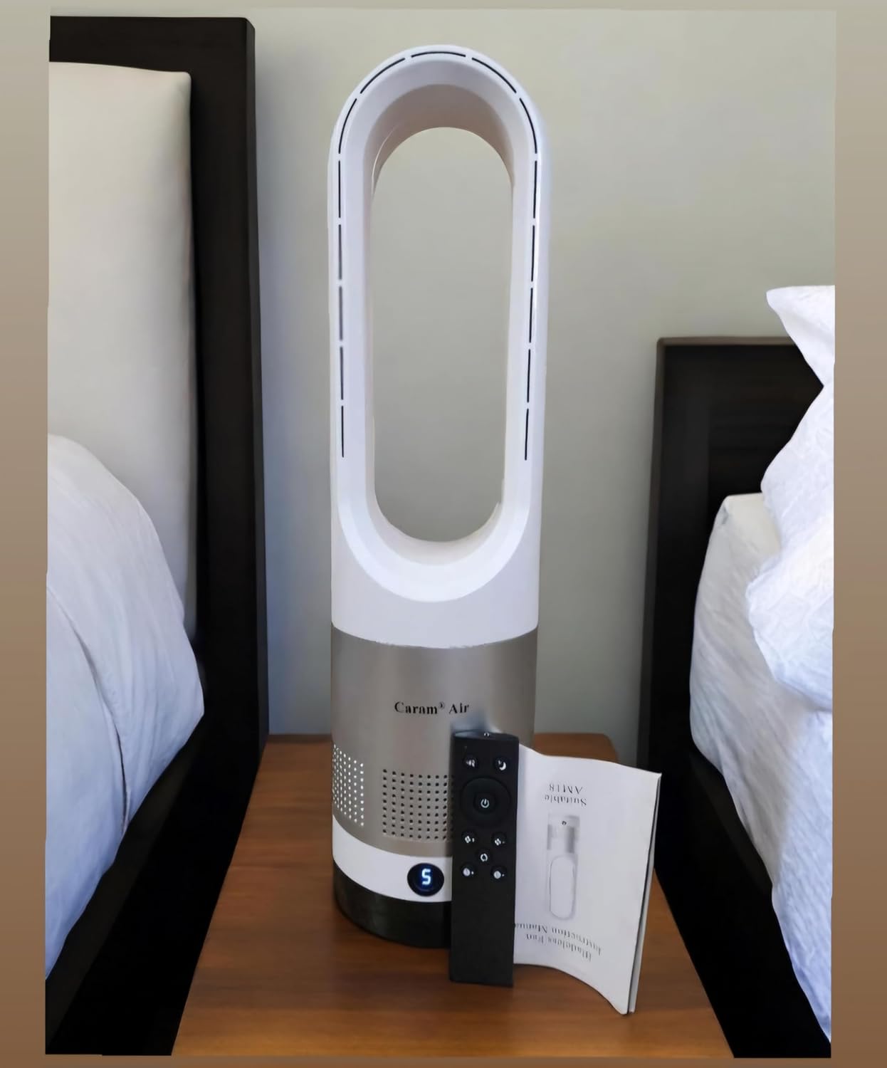 Generic Caram Air Bladeless Fan, 22"" Tower Fan with Touch and Remote, Quiet Operation, 8 Speeds, Timer, 90° Oscillating, LED Display, Easy to Clean for Bedroom, Living Room, Office. (Silver + White)