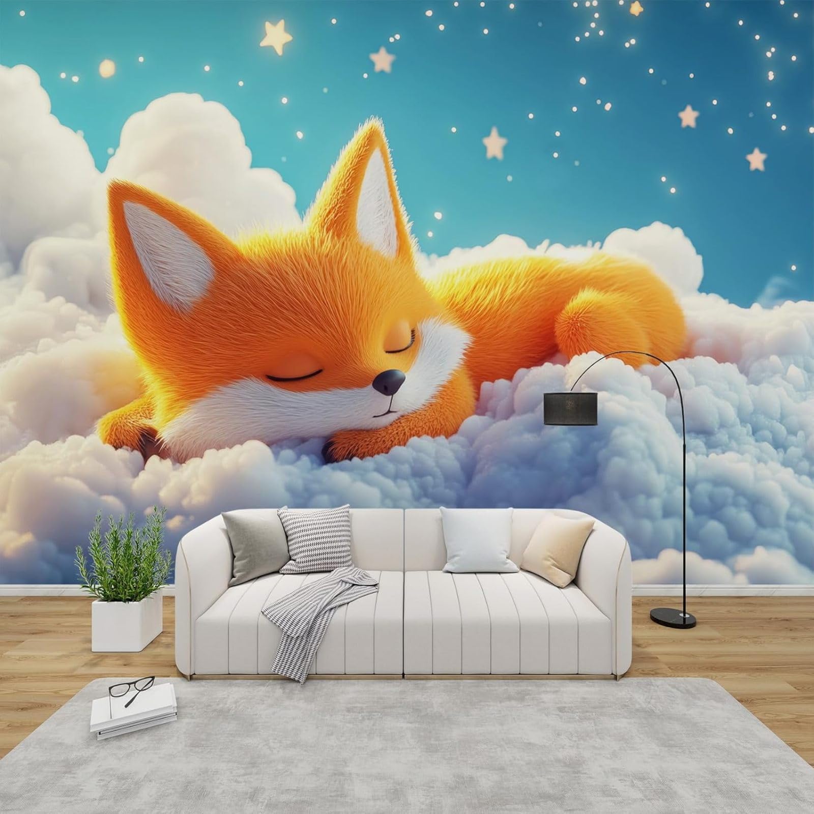 Fototapeta 3D z lisem kawaii, fototapeta do pokoju dziecięcego, 150 cm x 105 cm, urocze zwierzątka, włóknina, pomarańczowo-niebieska, naklejka ścienna