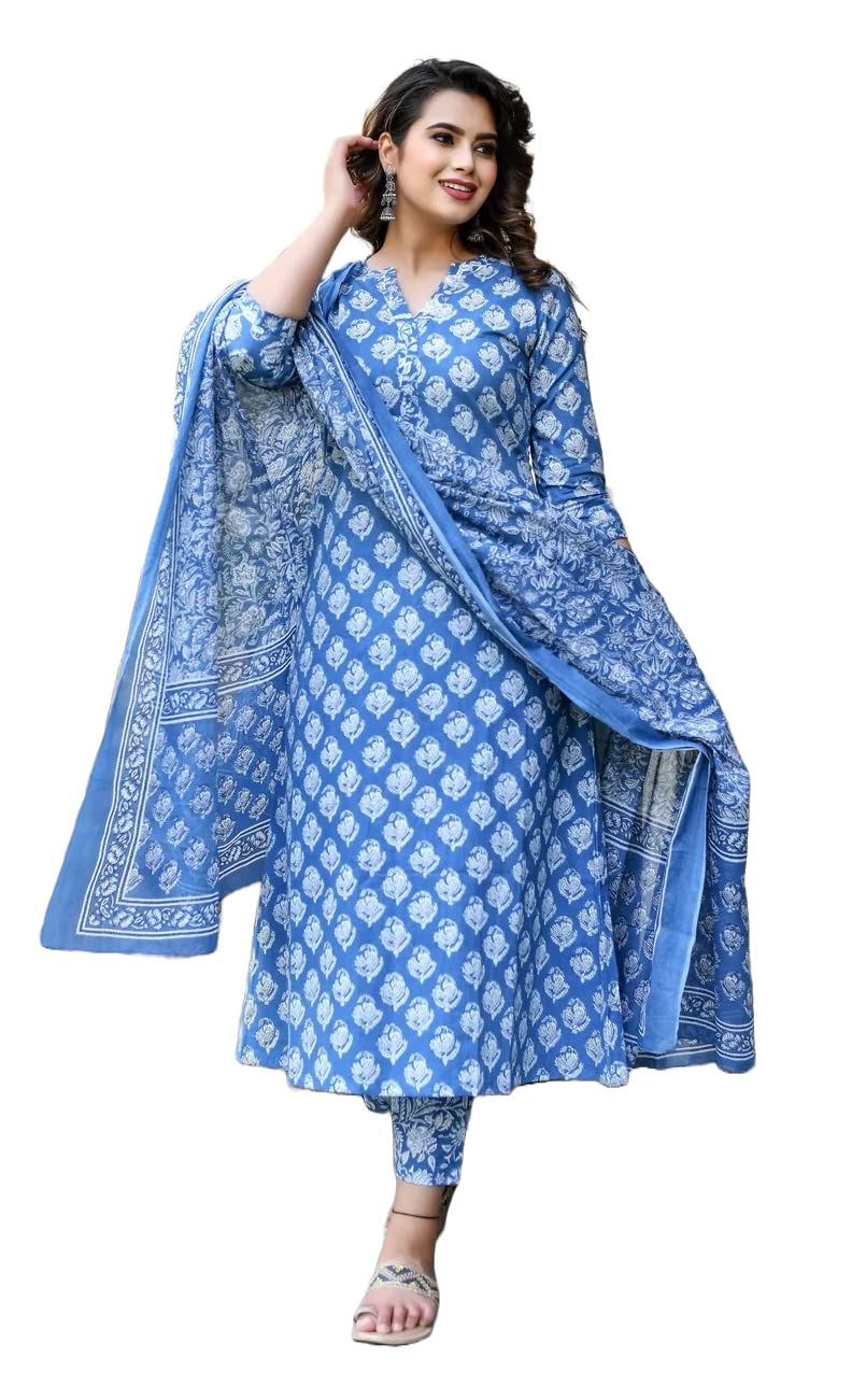 Buy KLOSIA Women Block Printed Kurta and Pant Set with Dupatta (Medium ...
