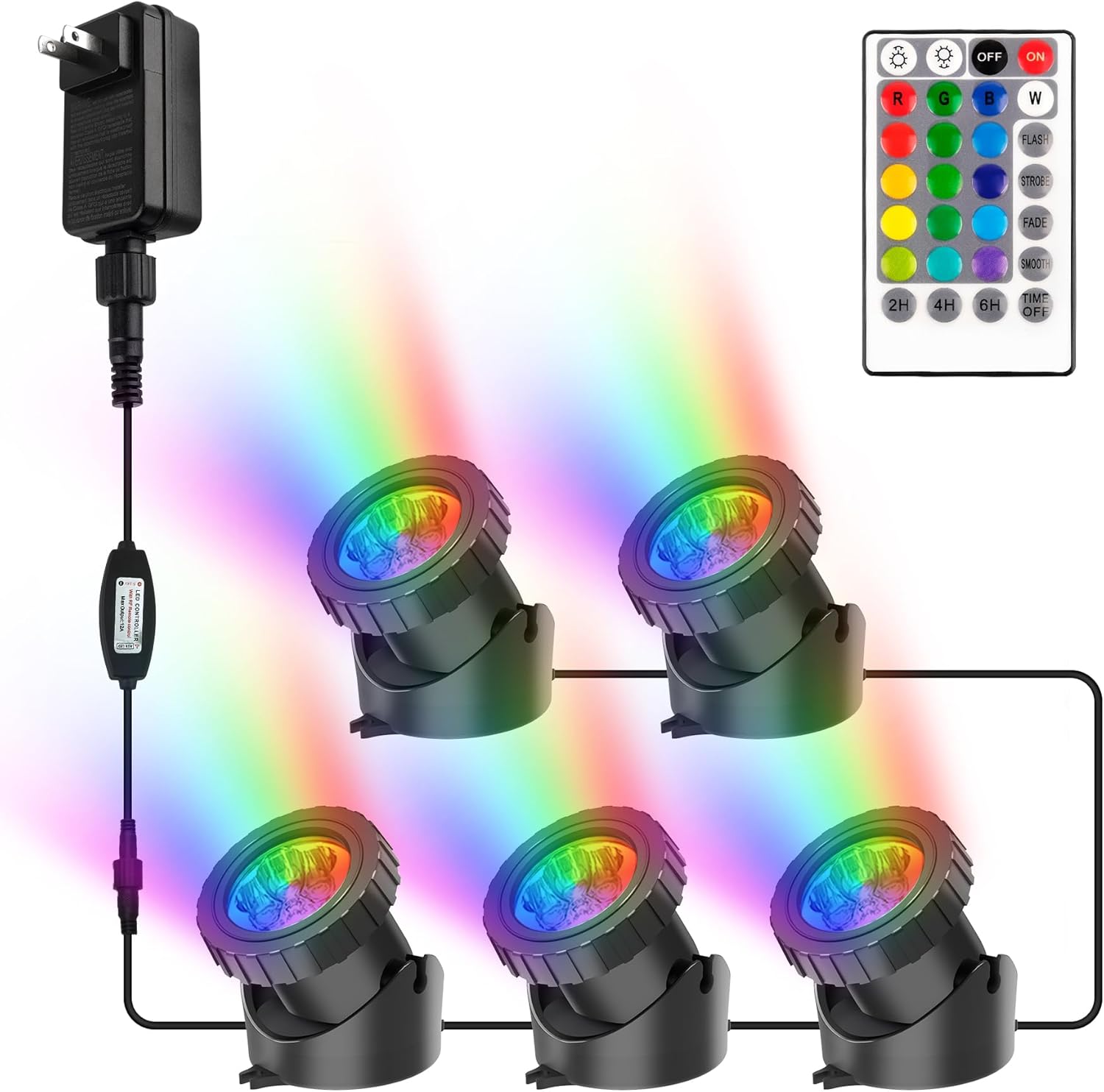 RGB Pond Lights with Timer, Super Bright LED Underwater Submersible Colorful Landscape Spotlights, Remote Control IP68 Waterproof Fountain Light for Fish Aquarium Tank Garden Yard (Set of 5)