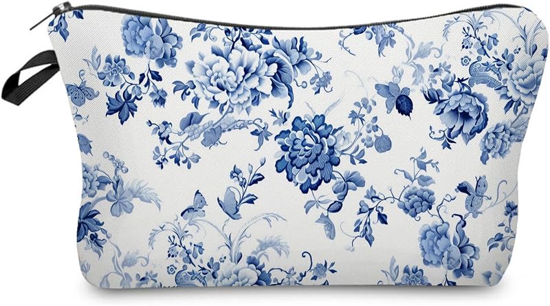 Necessaire de maquiagem YULUENZE com estampa azul e branca, zíper metálico