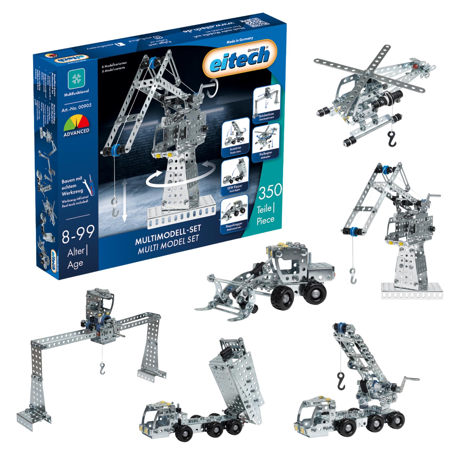eitech Multimodell-Set - Metallbaukasten 00905, 6 Modelle und 350 Bauteile | Konstruktionsspielzeug, Bauset Kinder 8 9 10 Jahre, Geschenk Mädchen und Junge Geburtstag & Weihnachten, Metall Baukasten