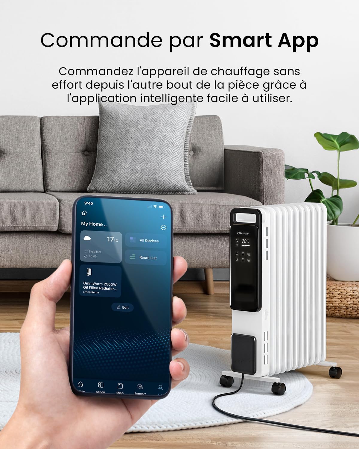 Smartphone displaying the Pro Breeze Smart App interface next to the radiator.