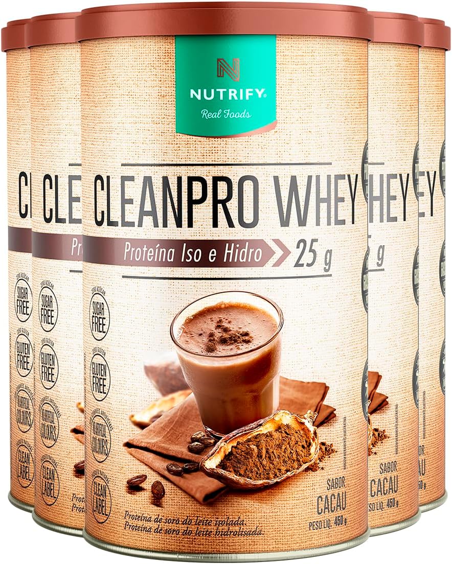 Kit 5 Clean Pro Whey Hidrolisado Cacau Nutrify 450g