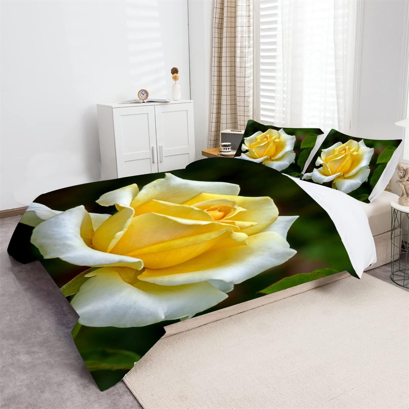 Parure de lit douce et confortable à motif floral jaune, housse de couette 3 pièces en polyester