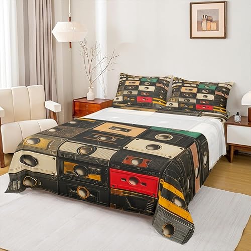 Erosebridal Juego de sábanas de cinta de casete tamaño individual de los años 80, cintas de plástico, juego de sábanas con temática de música