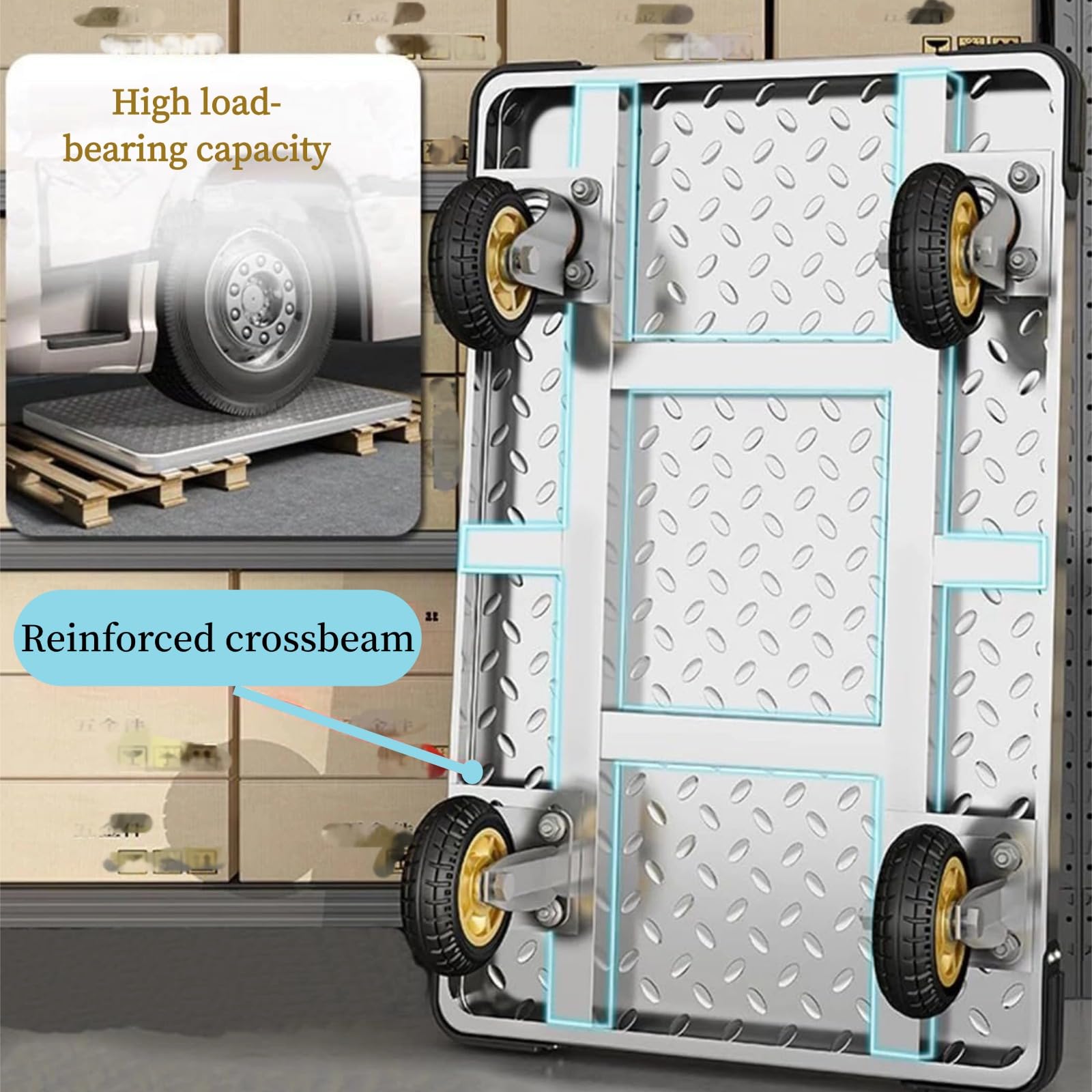 Carrello a Piattaforma Industriale,Carrello Pieghevole in Acciaio,Mano Carrelli per Magazzini,capacità 500 kg, per Applicazioni di Trasporto Stoccaggio Pesanti(Size:90x60cm)