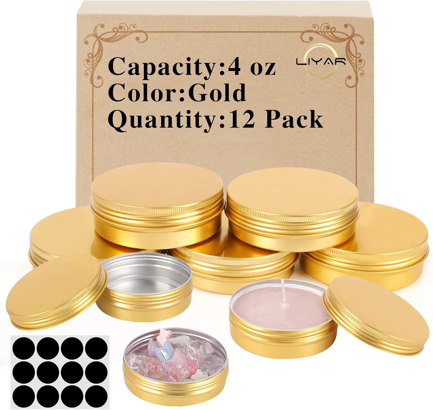 4 oz Tins with Lids 50 Pack, Refillable Salve Tins for Salve, Round Metal Tin for Handmade Lotions, 4oz Gold Aluminum Tin Containers with Lids and Stickers for Balm, Body Butter, Candles, Spices
