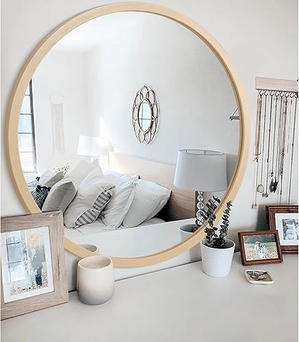 Miniatura 383 de JJUUYOU Espejo circular de pared redondo para baño, espejo de tocador gris, pequeño círculo decorativo para pared, marco de madera, espejo