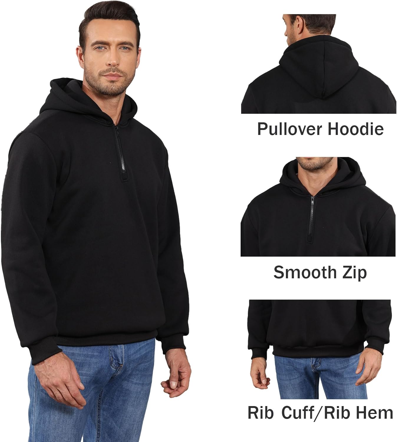 Mens Hoodies Pullover Quarter Zip Hoodie Long Sleeve Casual Fleece Hooded Sweatshirt for men - Image 5