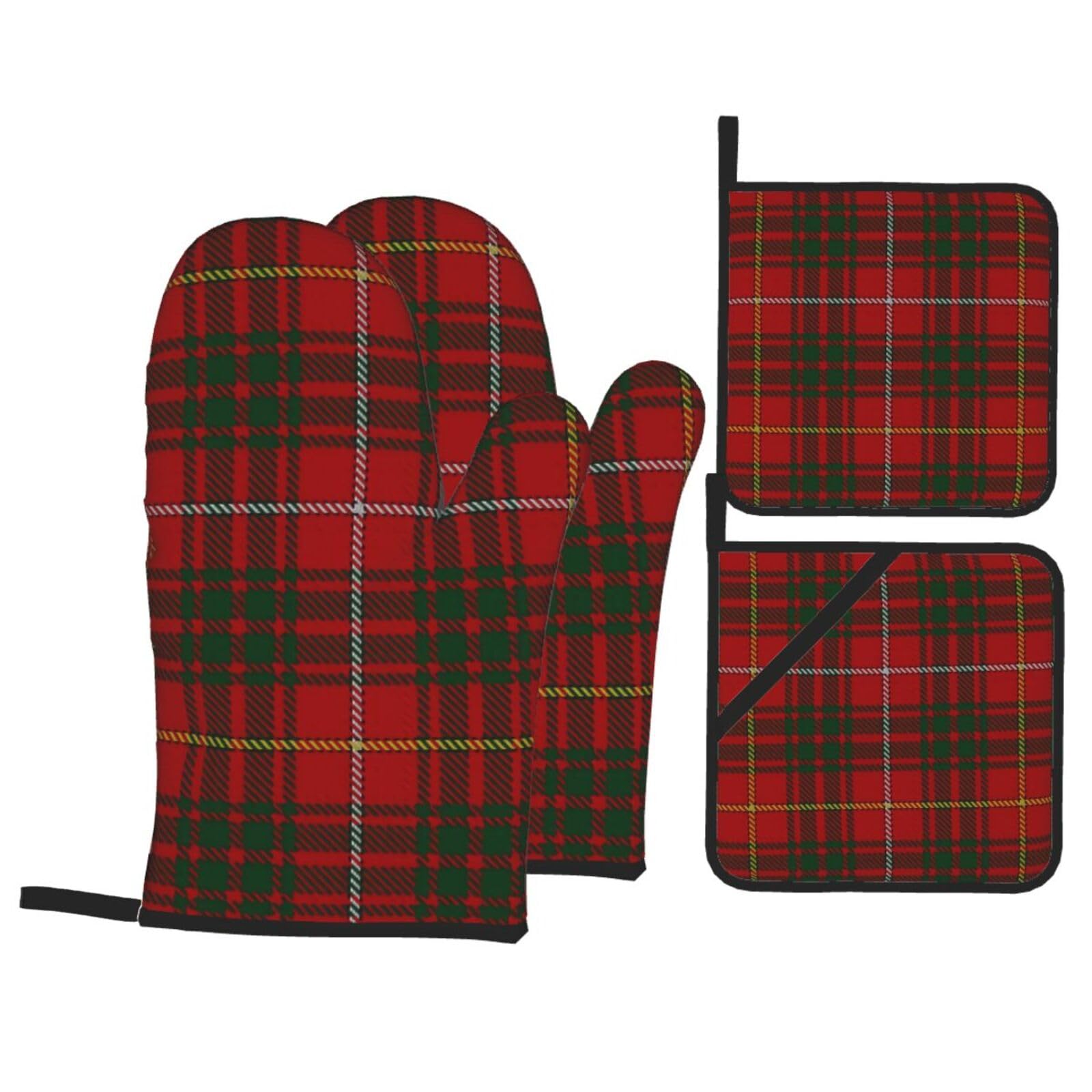 Scottish Clan Bruce Tartan Plaid Pattern Kitchen Four Piece Set Including Gloves and Pot Rack