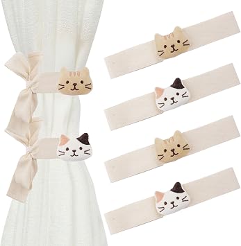 Cute Cartoon Animal Curtain Tiebacks, 4Pcs Drape Rope Holdbacks with Embroidered Cat Decor Cotton Curtain Ties for Baby Kid Room Brown & Beige