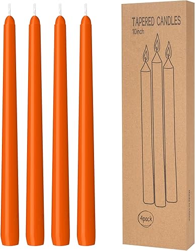 LYOBATH Paquete de 4 velas cónicas naranjas de 10 pulgadas, sin goteo, sin humo y sin perfume, 8 horas de combustión, ideales para bodas, cenas y