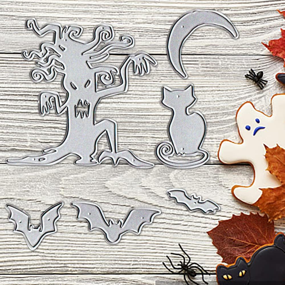 Halloween Bats Trees Die Cuts for Card Making, Moon Cats Cutting Dies Sets Dead Trees Scary Face Dies Stencils Embossing Template for Scrapbooking DIY Cards Album Crafts Supplies