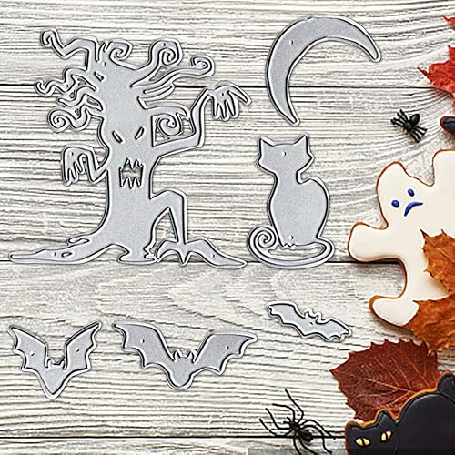 Miniatura 5 de Juego de troqueles de murciélagos de Halloween para hacer tarjetas, juegos de troqueles de corte de gatos luna, árboles muertos, plantillas de cara