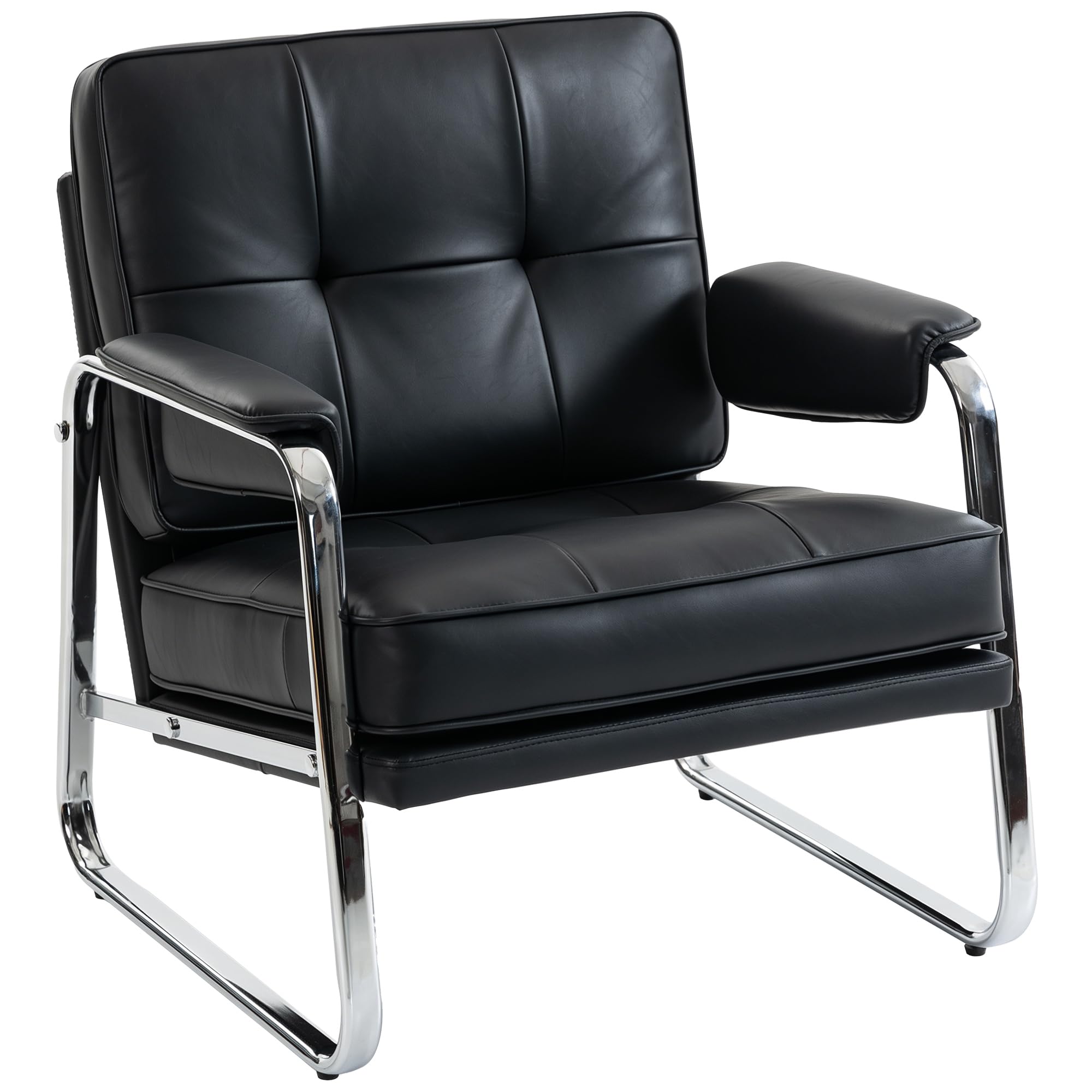 HOMCOM Sessel Loungesessel mit breiter Sitz, Armlehnen, Polstersessel mit Stahlbeinen, Knopfheftung, Dicker Polsterung Relaxsessel aus Kunstleder für Wohnzimmer, Schlafzimmer, Schwarz