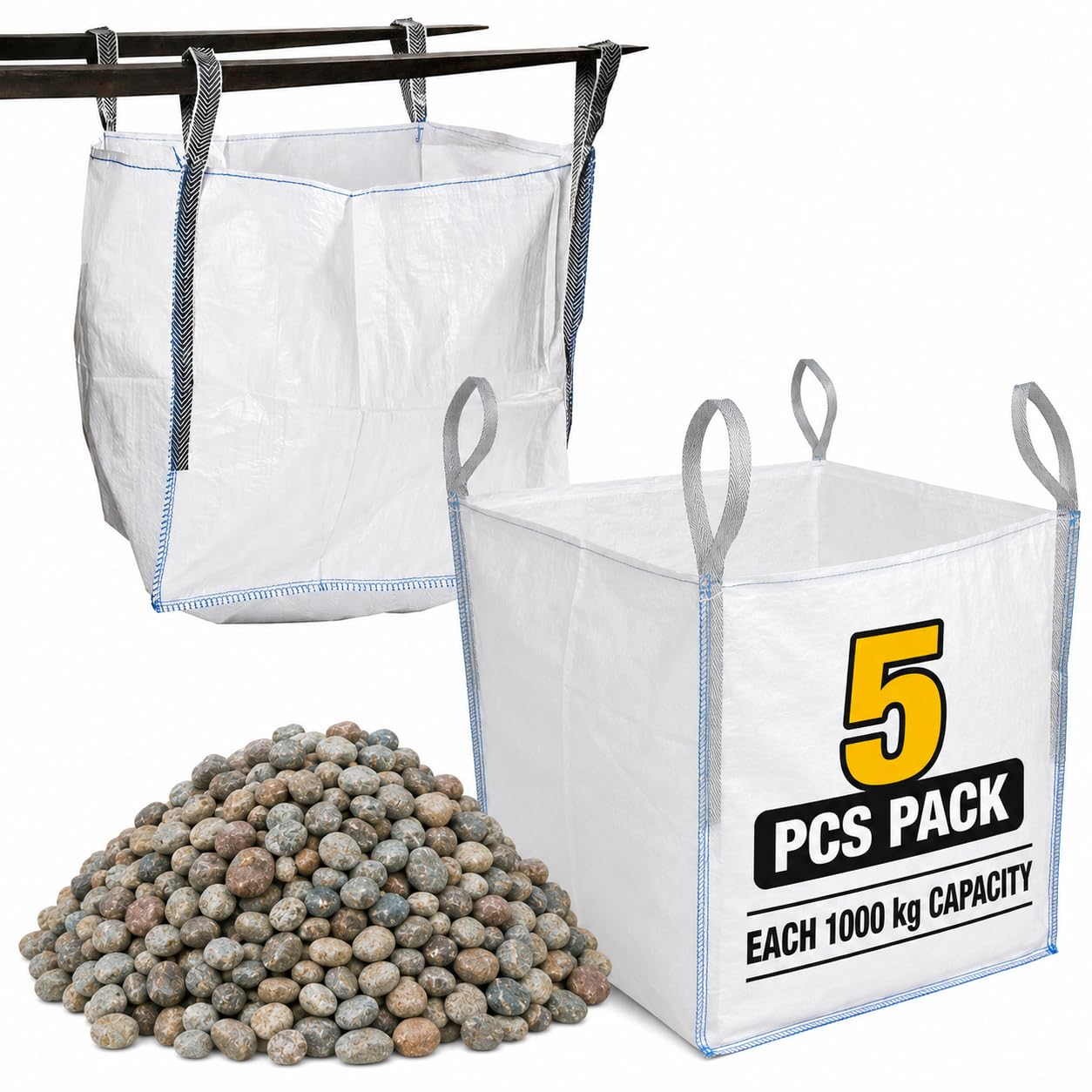 Bulk FIBC Jumbo Dumpy Bag, 1 Tonne, White, 85x85x85cm, with Lifting Loops, for Garden Waste, Sand, Aggregate and Construction (5 Pack)