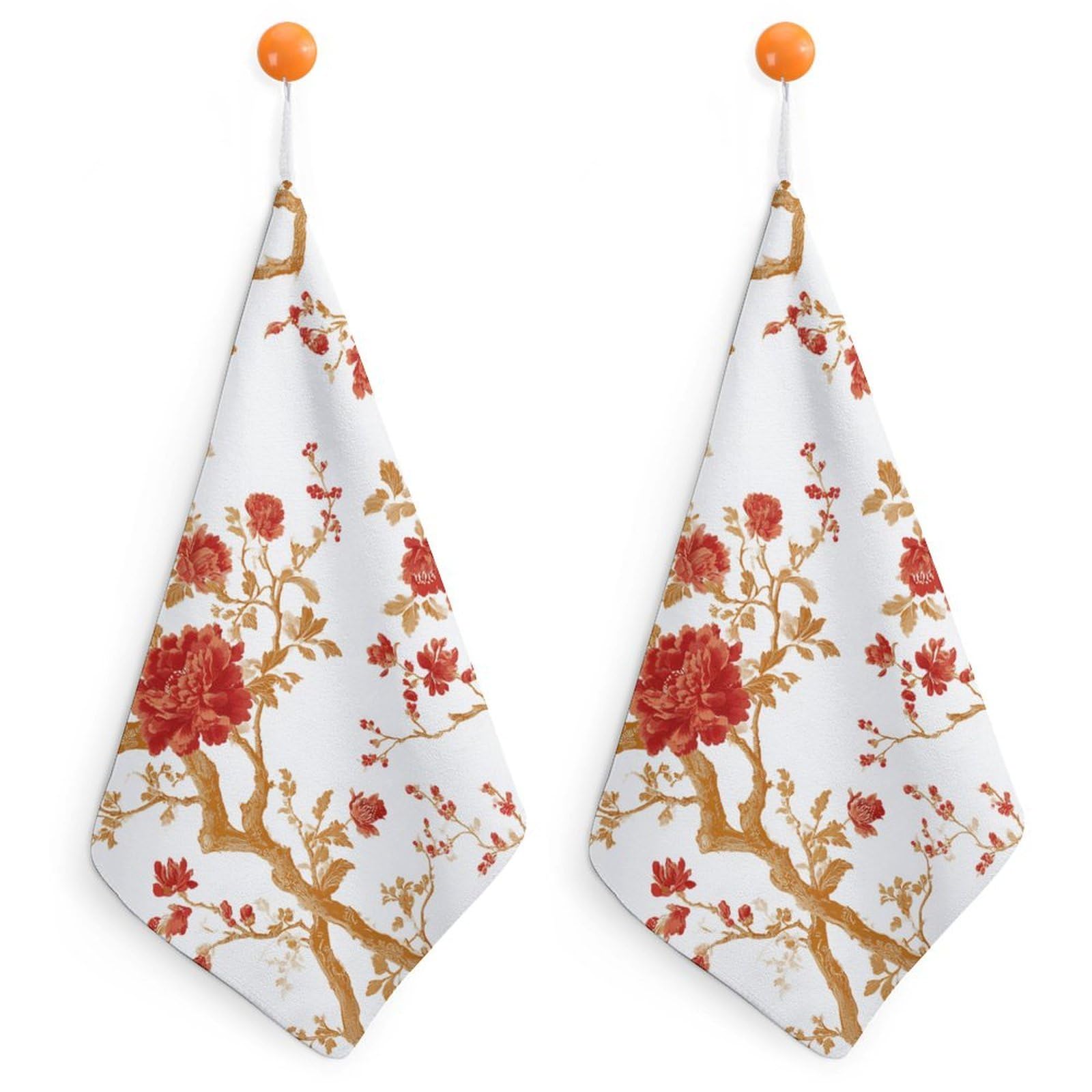 Jubonexis Red And Gold Chinoiserie Toile Vintage Floral Small Hand Towel with Hanging Loop 2 PCS Absorbent Soft Wash Cloth for Kitchen Bathroom