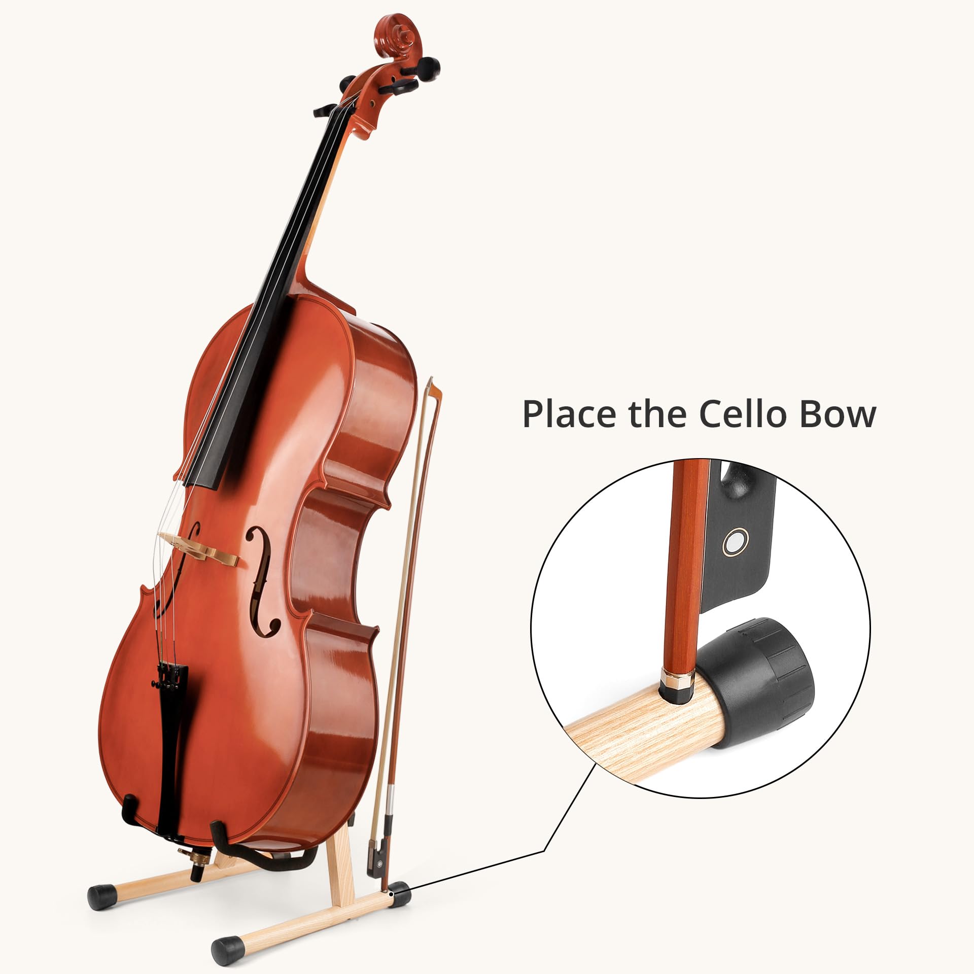 Cello-Ständer mit Bogenhalter, A-förmiger Holzfußständer mit gepolstertem Schaumstoff – Handgefertigte Halterung für 1/2, 3/4, 7/8, 4/4 (Vollgröße) Celli und Gitarren (Ashwood, Cello)