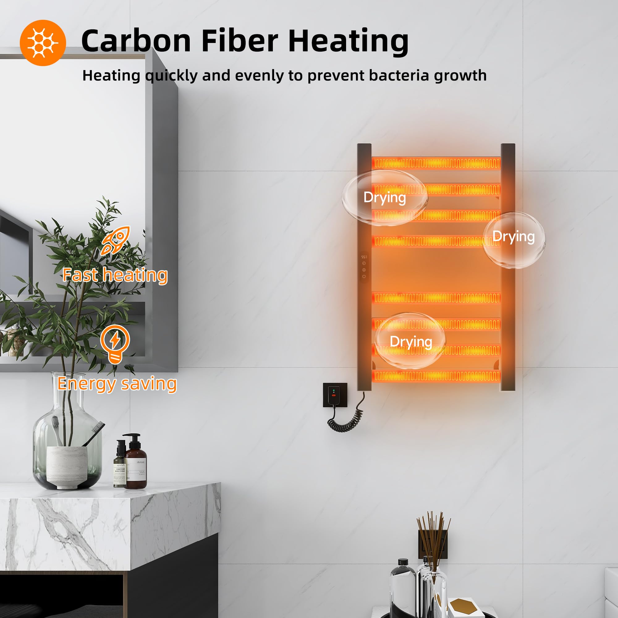 Portasciugamani Elettrico 450x700mm Scaldasalviette Radiatore da Bagno Elettrico Portasciugamani intelligente Termosifone Asciugabiancheria, riscaldamento in fibra di carbonio, antracite-Black Left
