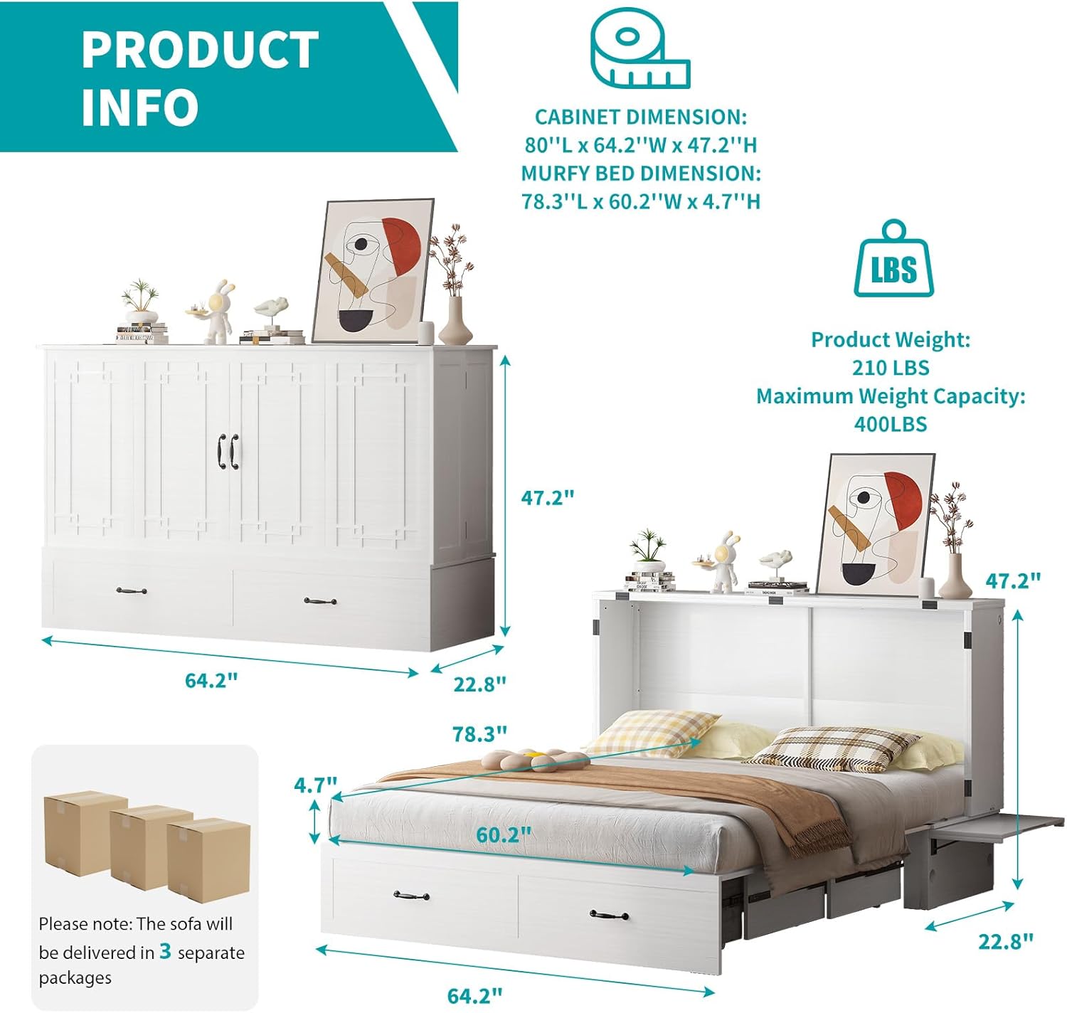 BALUS Murphy Bed with Mattress, Queen Cabinet Murphy Bed with Built-in USB Ports & Storage Drawer, Space-Saving, Hidden Cabinet Chest Beds for Guest Bedroom, Office, Easily Convertible - White