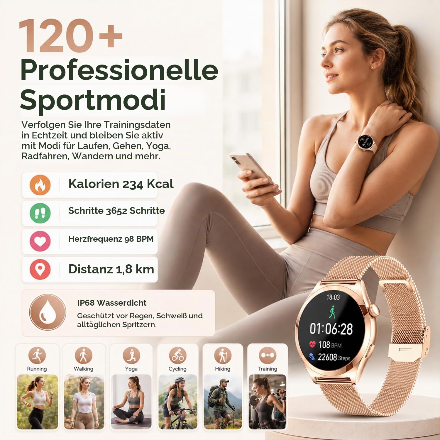 Smartwatch Damen mit Telefonfunktion, 1,27" HD Fitnessuhr mit 110+ Sportmodi, Herzfrequenz Schlafmonitor SpO2 Schrittzähler, IP68 Wasserdicht Smartwatch Damen Rund für iOS Android, Roségold