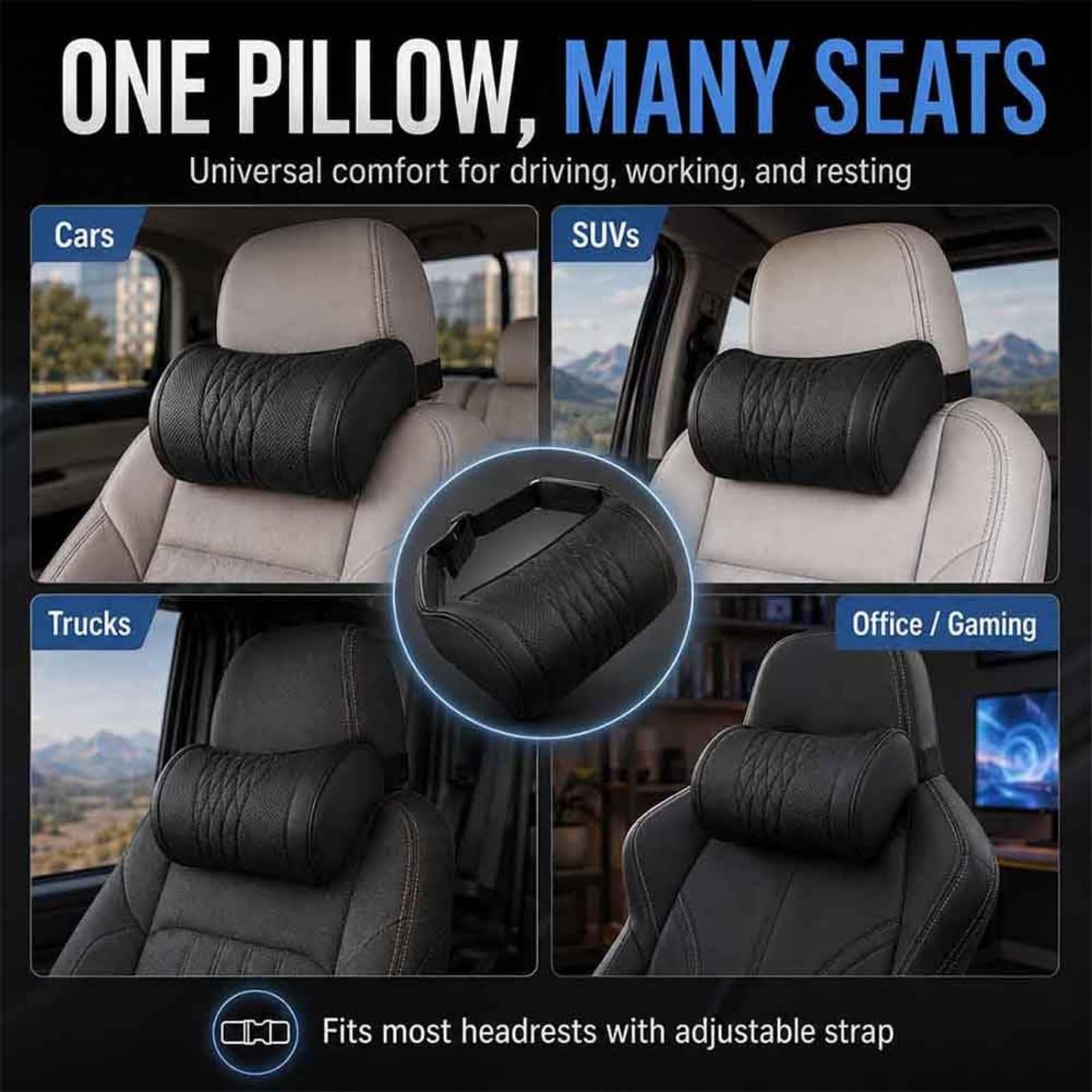 Cojín Reposacabezas Coche de Espuma Memoria y Cuero Napa, Almohada Ergonómica de Cuero para Asiento de Coche, Soporte de Cuello Transpirable con Correa Ajustable para Viaje (Amarillo)
