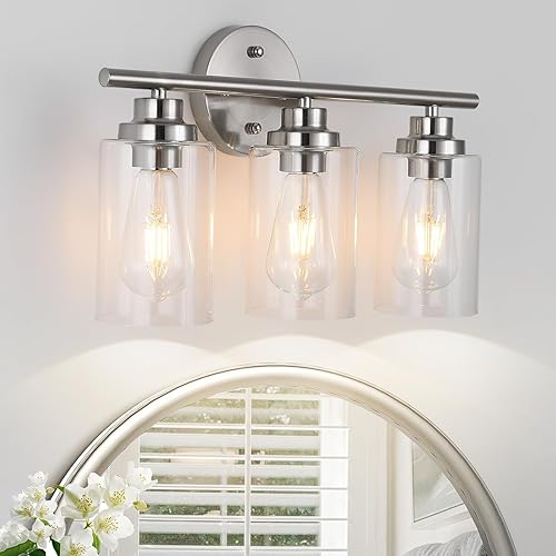 Miniatura 8 de Lámpara de baño de 3 luces, lámpara de tocador moderna de níquel cepillado con pantalla de vidrio transparente, accesorios de iluminación de baño