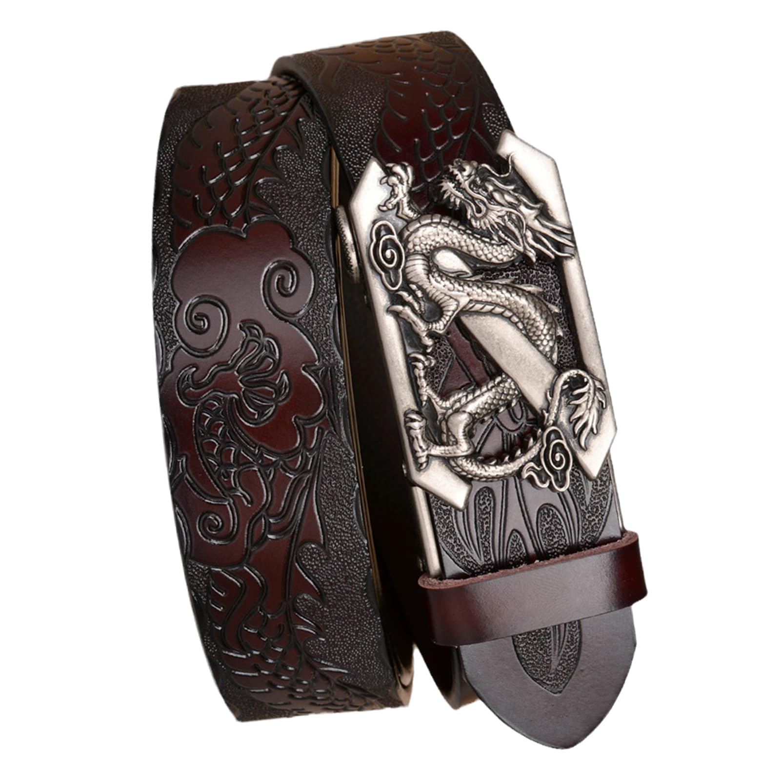 Cinturón De Cuero Con Trinquete Deslizante Vintage Grabado En Relieve Dragón, Hebilla Automática Ajustable, Color Negro, 120cm, Ajuste Cintura 41 "para Pantalones Vaqueros
