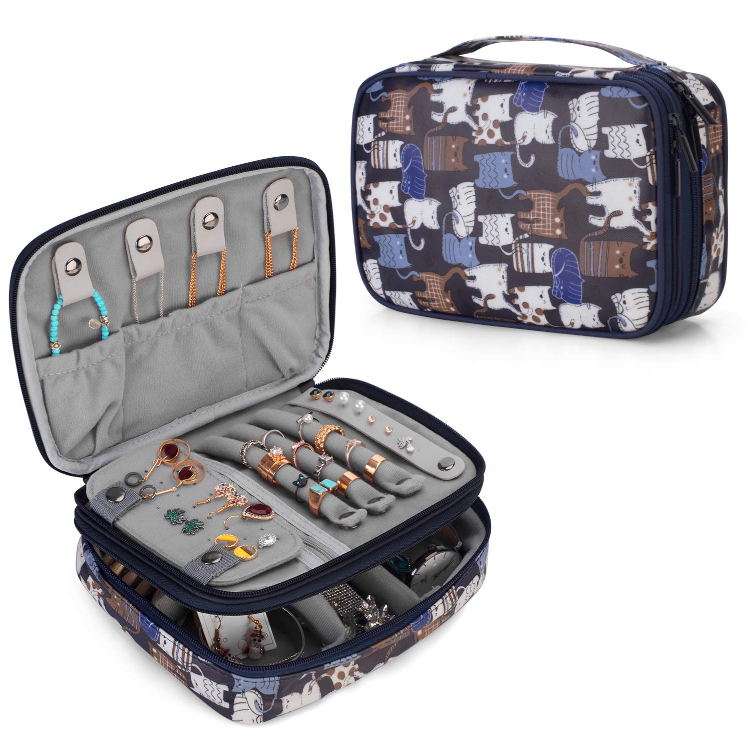 Teamoy Jewellery Organiser, Travel Jewellery Case for Necklace, Bracelet, Earrings, Rings and More (Cats Blue, Medium)