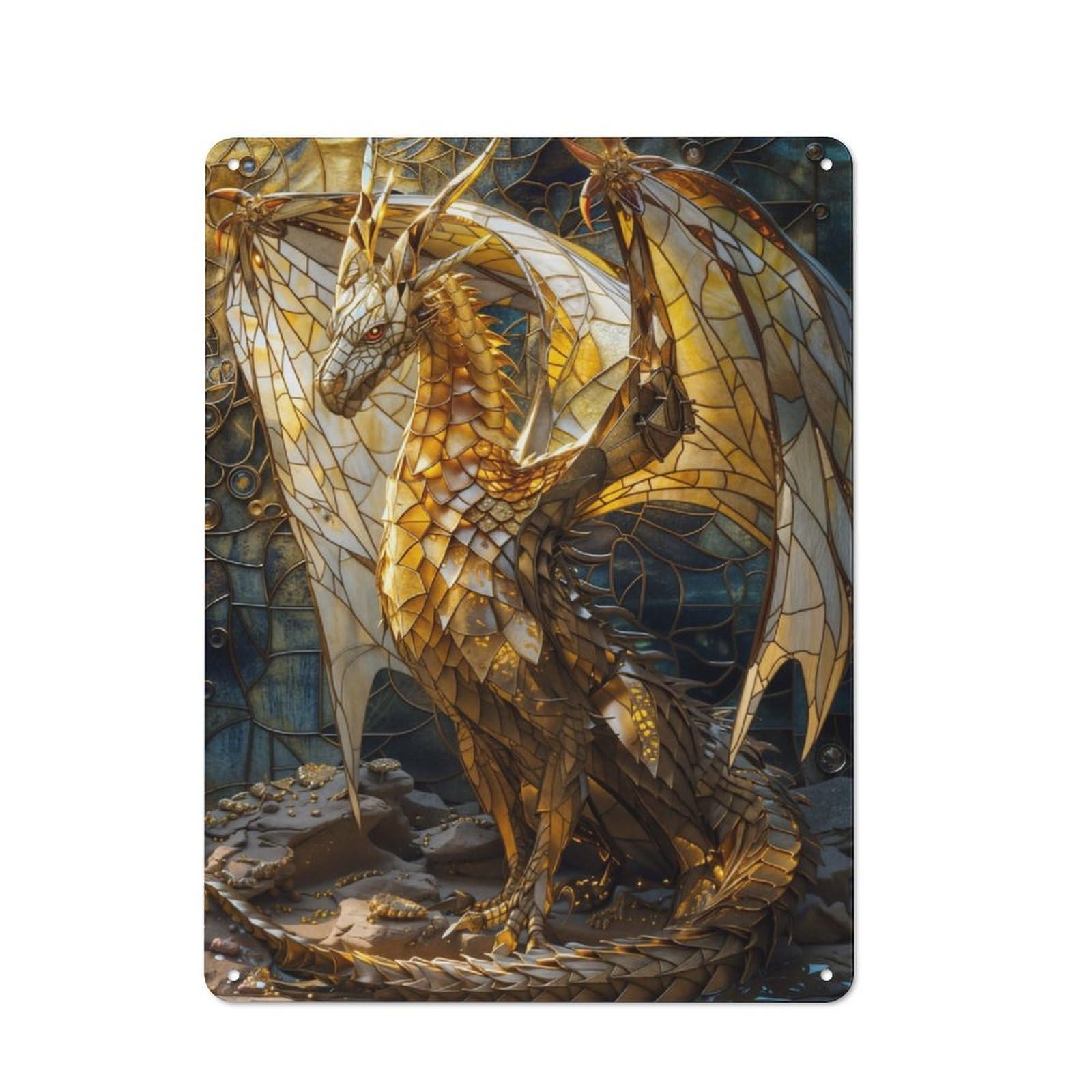 Nostalgic Decorative Tin Plaque 40x30cm Featuring Gold Stained Glass Dragon, Classic Pub Decor for Cafe, Pub, Workshop Or Home Bar