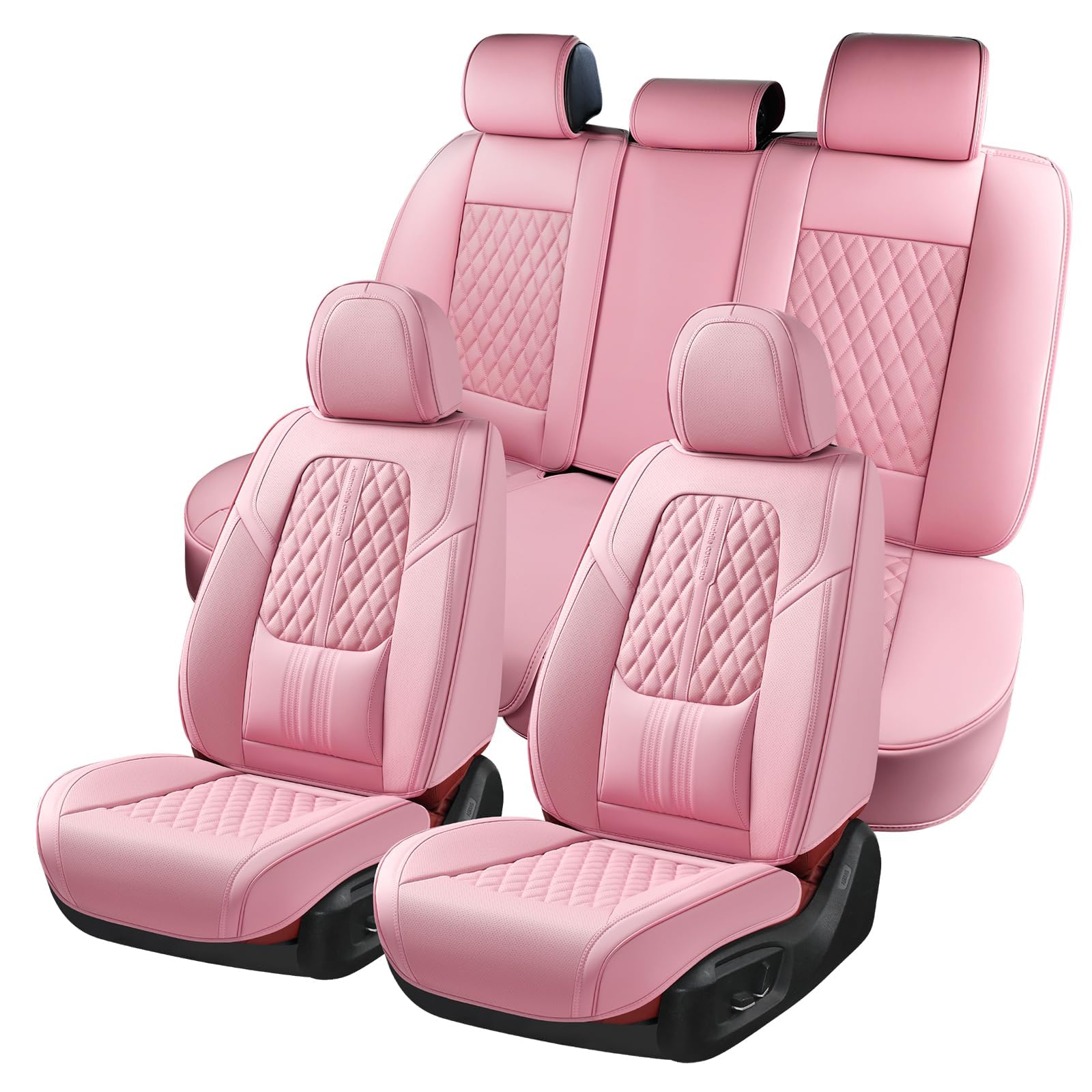 Coverado Car Seat Covers Full Set, Automotive Front and Rear Seat Covers with Backrest, Nappa Leather Car Seat Protectors Waterproof, Universal for Most Vehicles, Pink