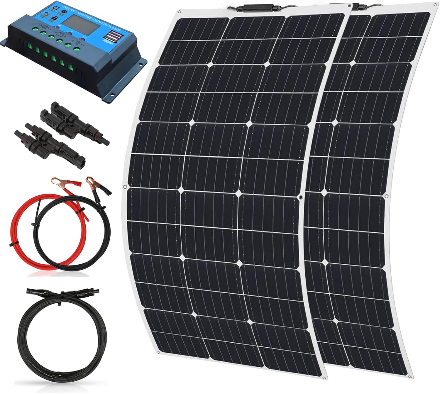 Flexible Solar Panel 200W Solar kit 2pcs 100W Fiberglass Monocrystalline Lightweight Module for Off-Grid RV Boat Van Cabin Uneven Surfaces 12V Battery Charge (200W Solar Panel)